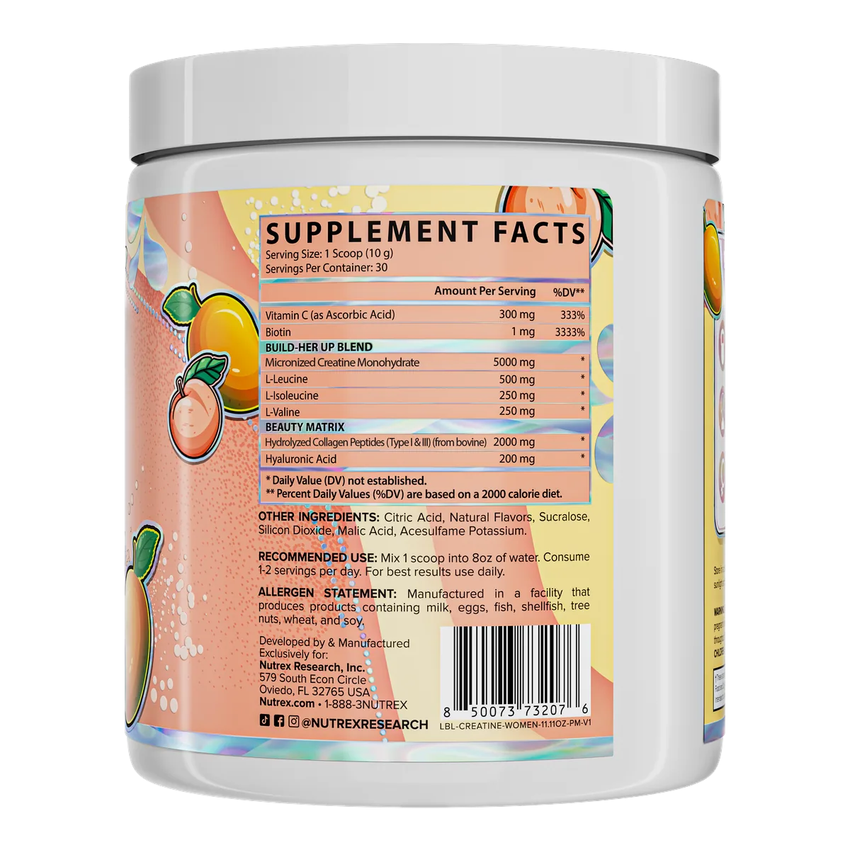 Creatine For Women Nutrex, информационен етикет на прасковена опаковка с вкус Peach Mango