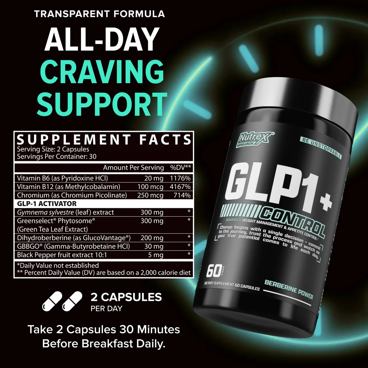 GLP1+ Control Nutrex хранителна таблица и опаковка