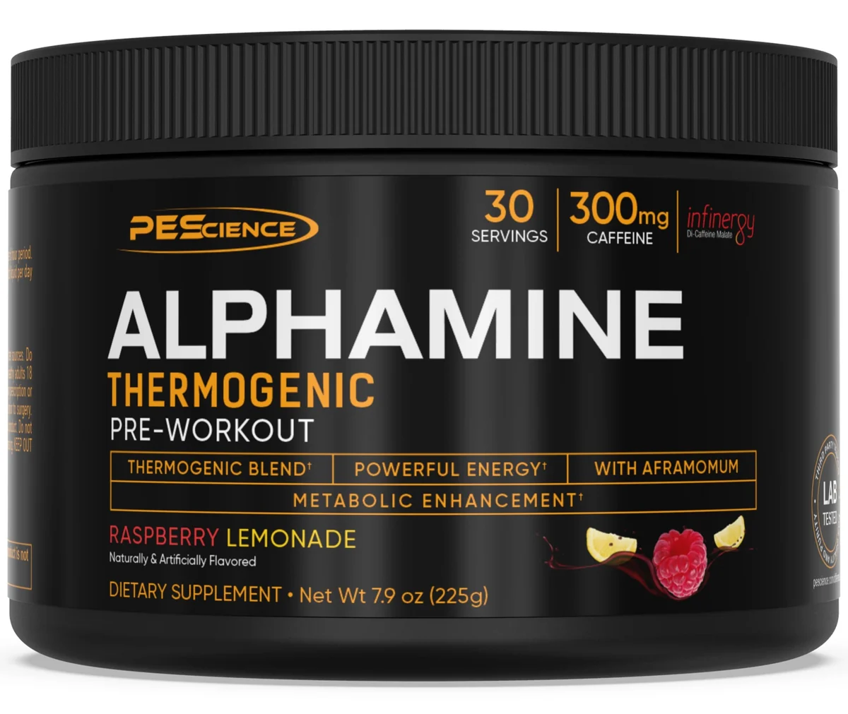 Близка снимка на етикета на PEScience Alphamine с информация за съставките