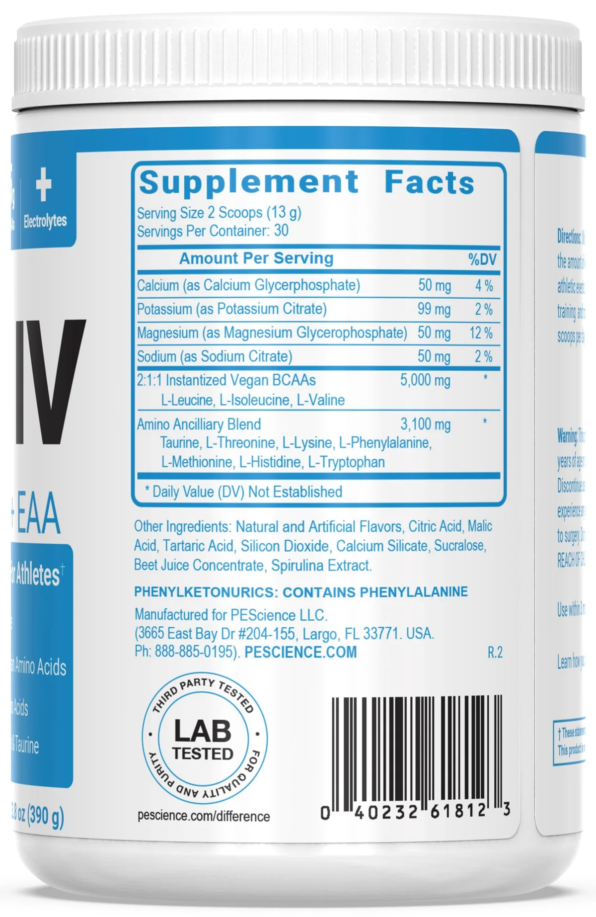 PEScience Amino IV – опаковка, показваща хранителната информация