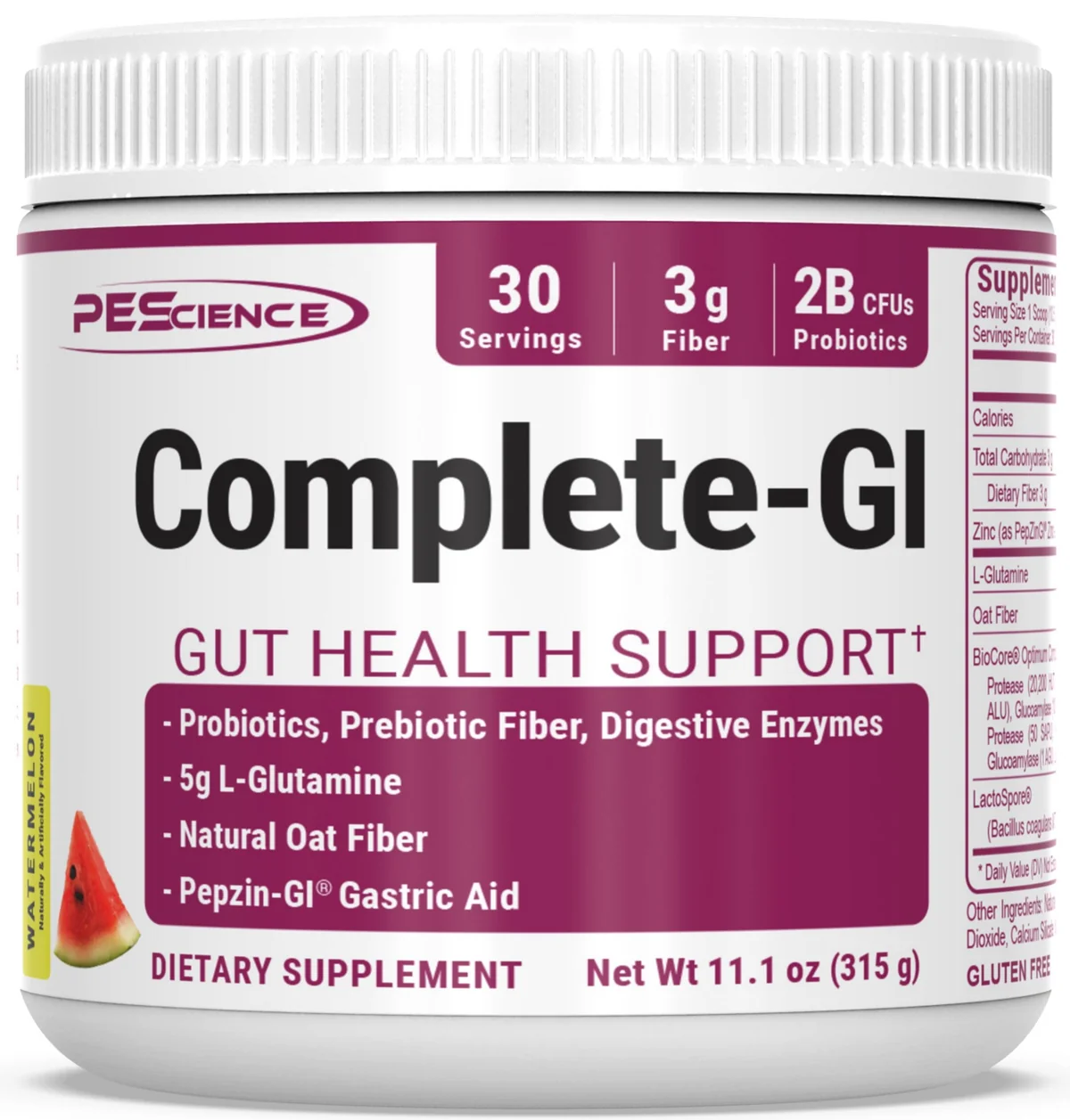 Опаковка PEScience Complete GI с вкус Диня, поставена до чаша с разтворена напитка