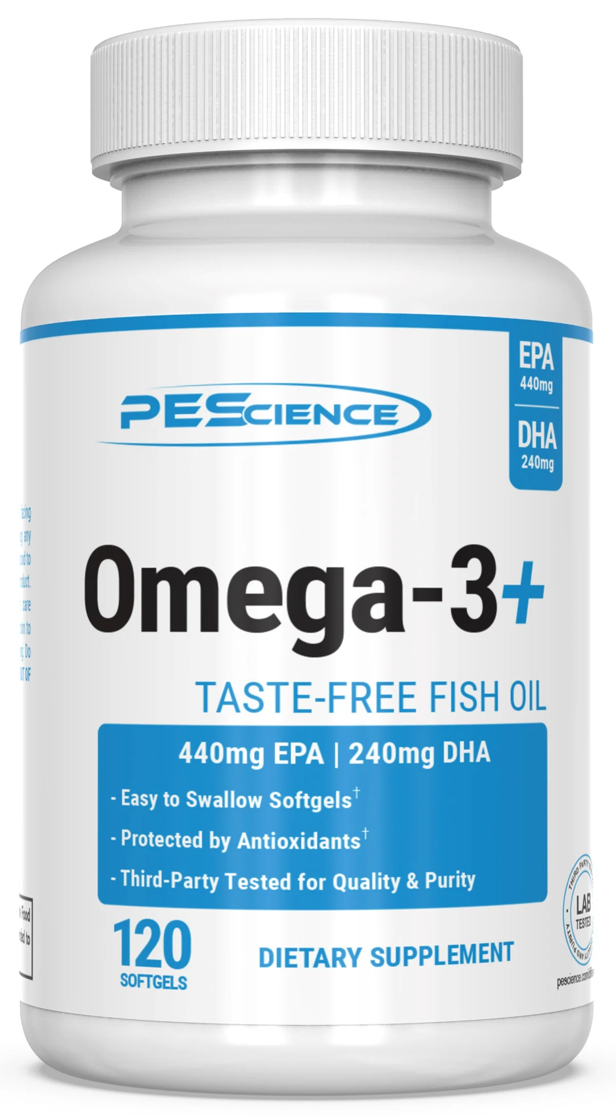 PEScience Omega-3+ опаковка отпред, показваща името на продукта и марката