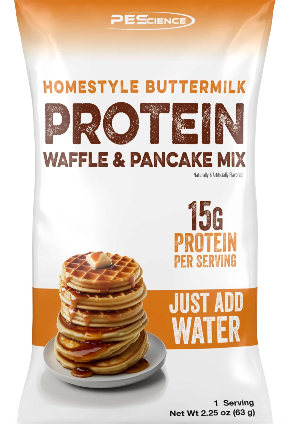 Опаковка на PEScience Pancake & Waffle Mix с вкус Dark Chocolate, с парченца шоколад