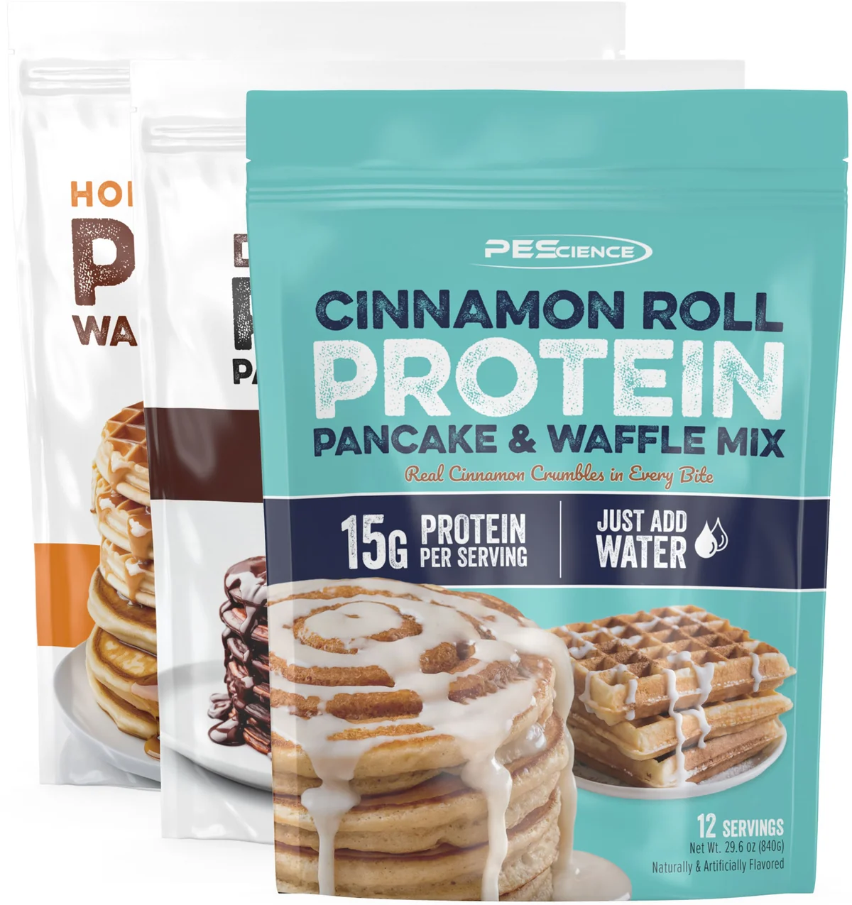 Различни вкусове на PEScience Pancake & Waffle Mix подредени