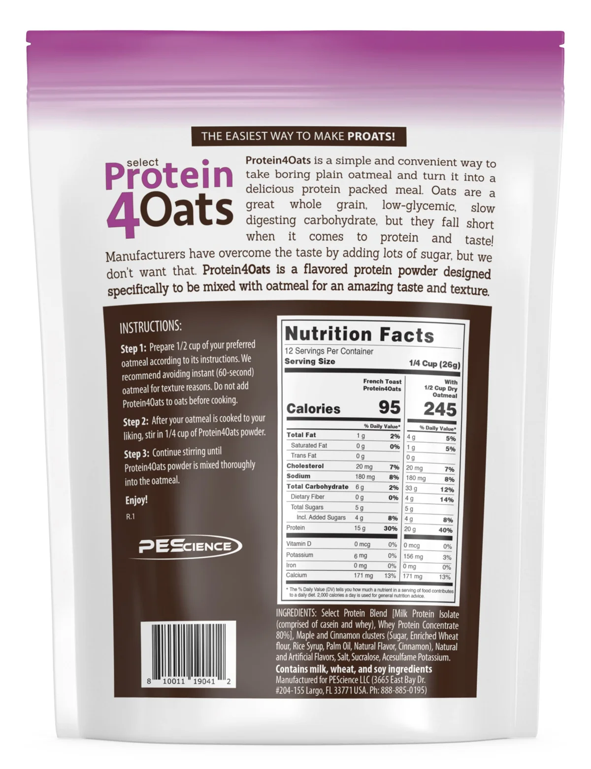 Близък план на опаковката PEScience Protein4Oats с вкус Maple Brown Sugar