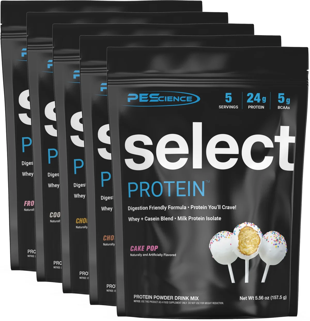 Подредба на 5-те индивидуални опаковки с протеин от PEScience Select Protein Variety Pack