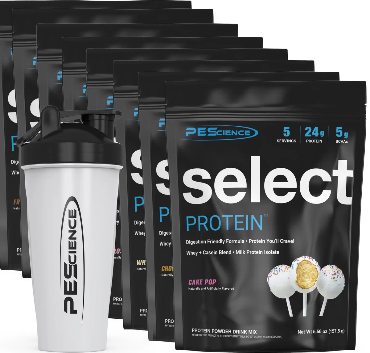Групова снимка на всички вкусове, включени в PEScience Select Protein Variety Pack