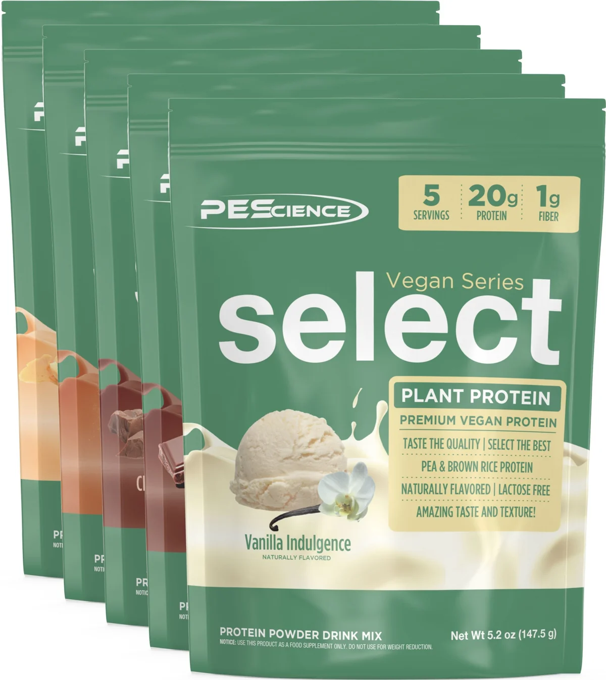 Близка снимка на отворена кутия PEScience Select Vegan Variety Pack, показваща сашета с протеин и шейкър