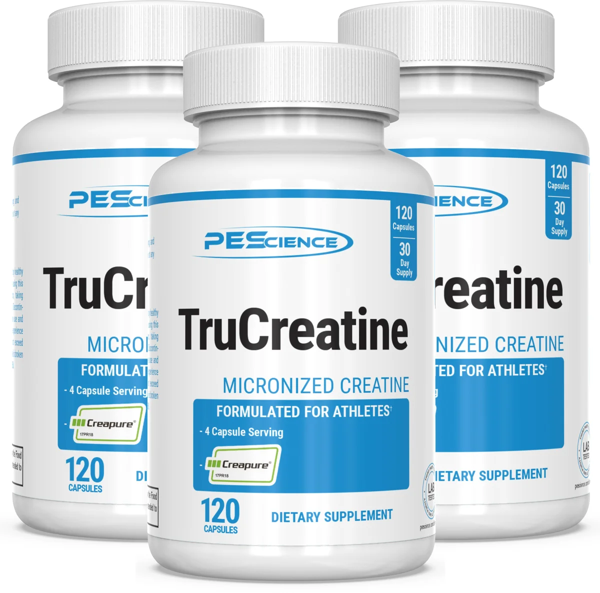 PEScience TruCreatine+ Капсули – опаковка и отделни капсули на бял фон