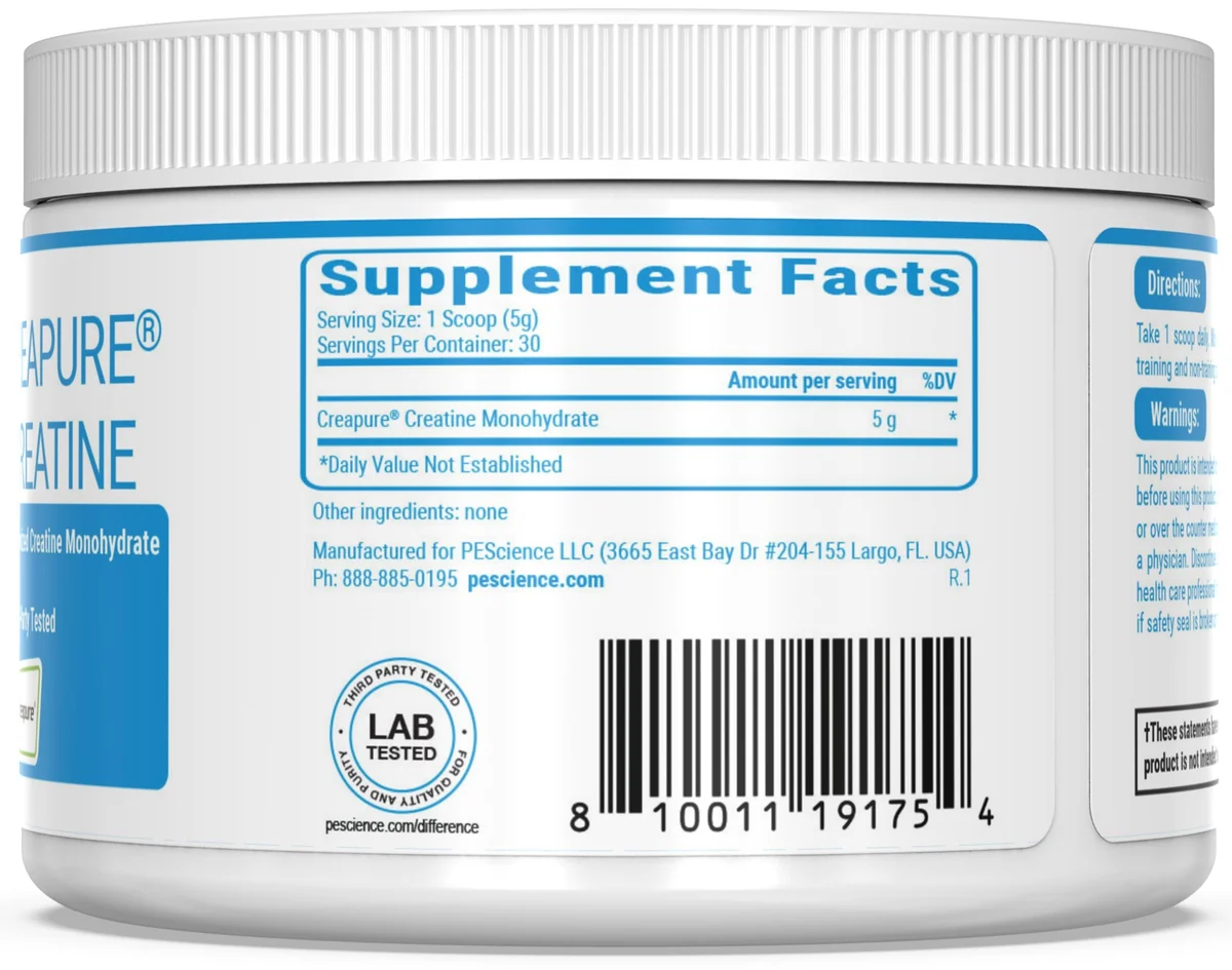 PEScience TruCreatine+ Powder – близък план на етикета с информация за състава