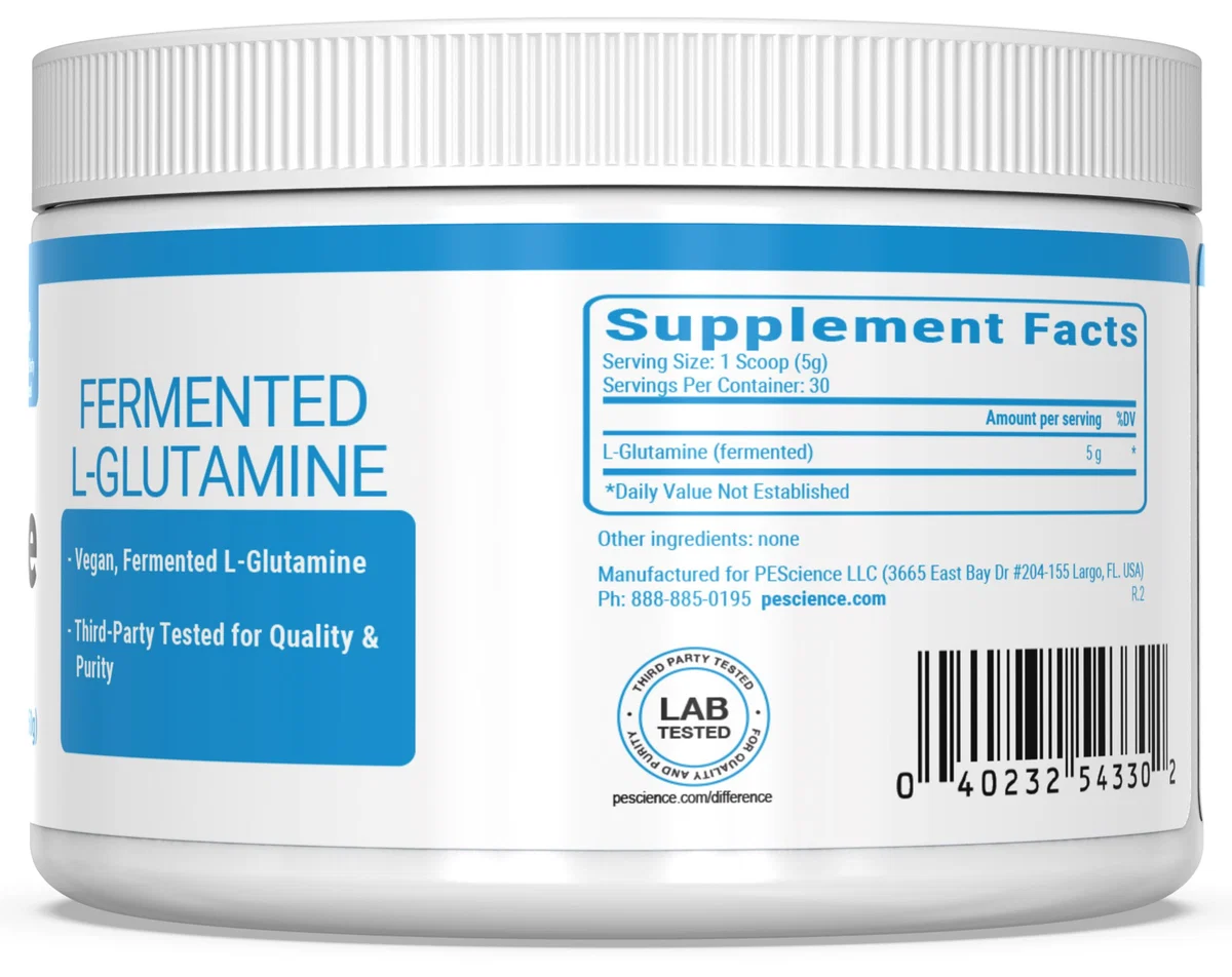 PEScience TruGlutamine опаковка под ъгъл, показваща информация за 5g ферментирал L-Глутамин.