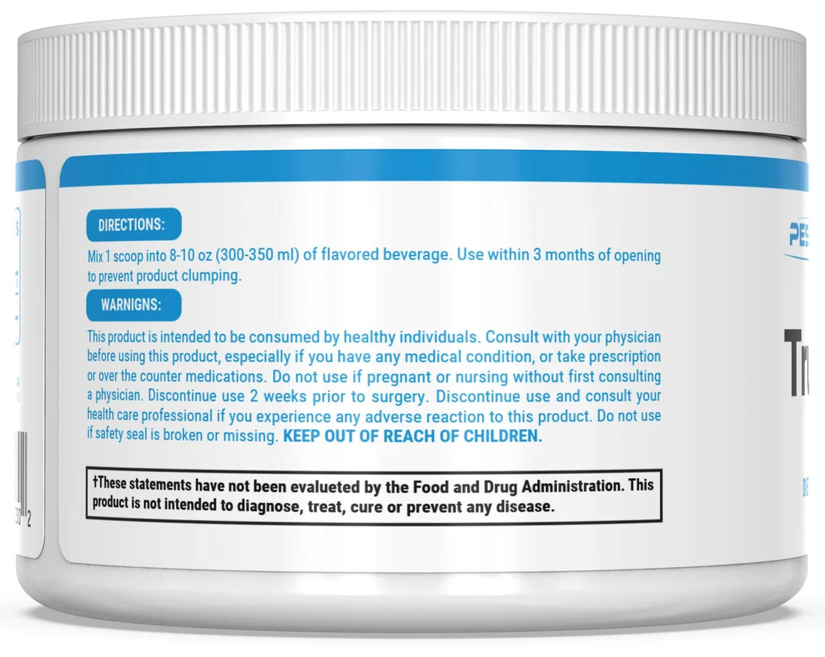 PEScience TruGlutamine опаковка отзад, с етикет, съдържащ хранителна информация.