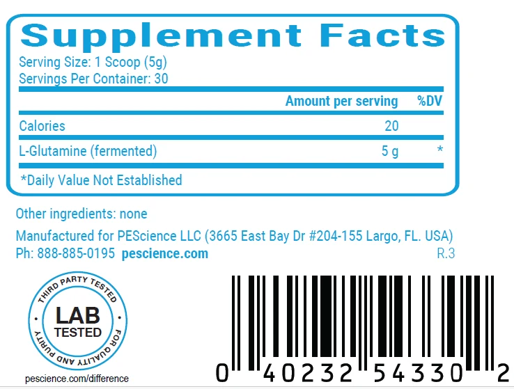 PEScience TruGlutamine прах в мерителна лъжичка, с опаковката на заден план.