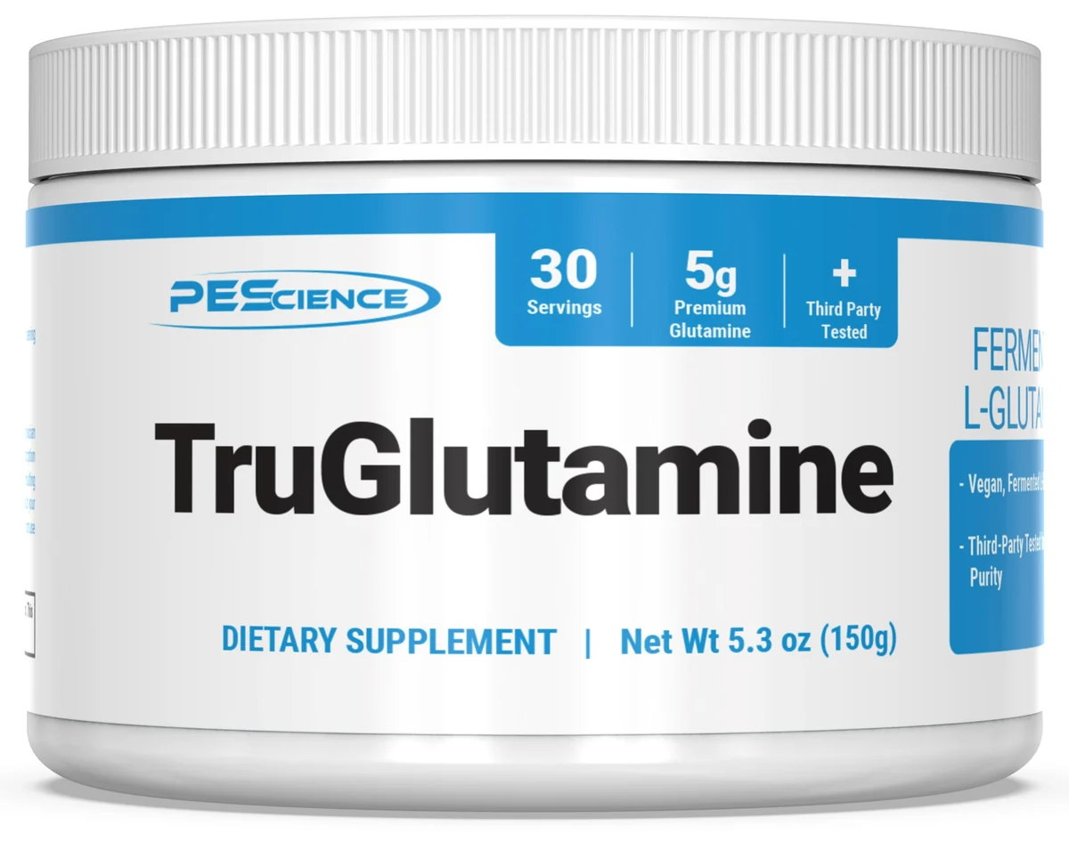 PEScience TruGlutamine опаковка отпред, показваща името на продукта и марката.