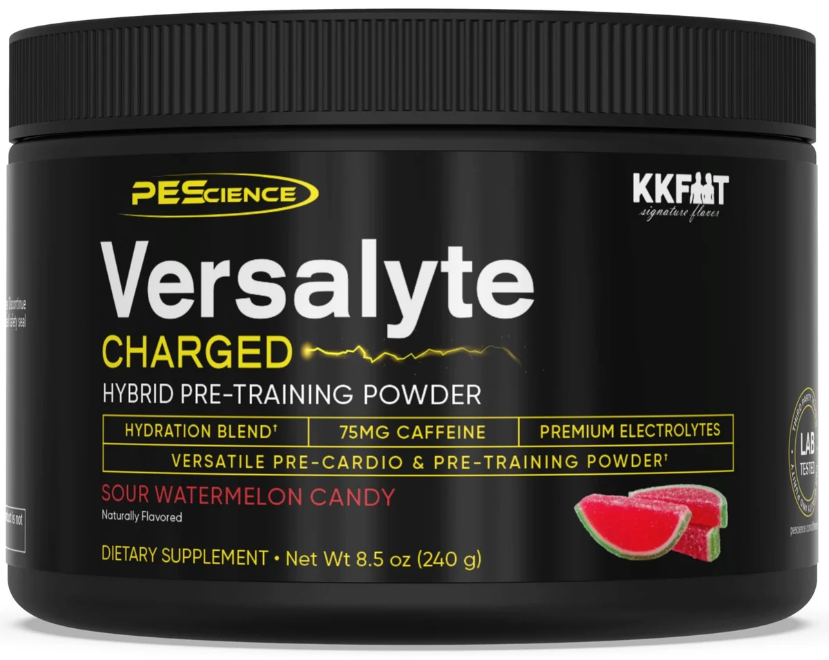 PEScience Versalyte Charged в опаковка с вкус Sour Watermelon, изобразяваща диня