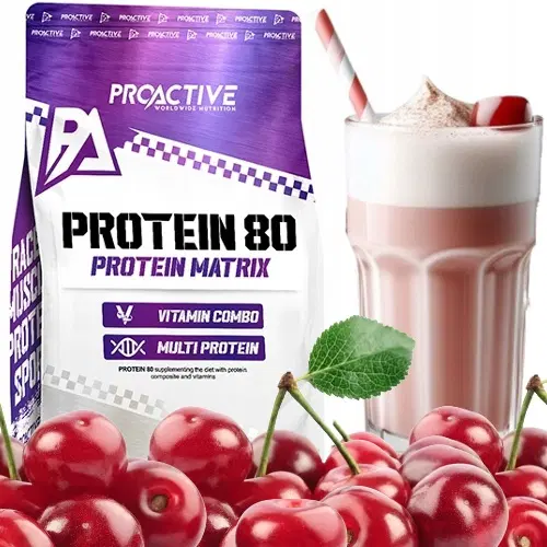 ProActive Protein 80 700g Cherry преден изглед на опаковката с плодове и шейк