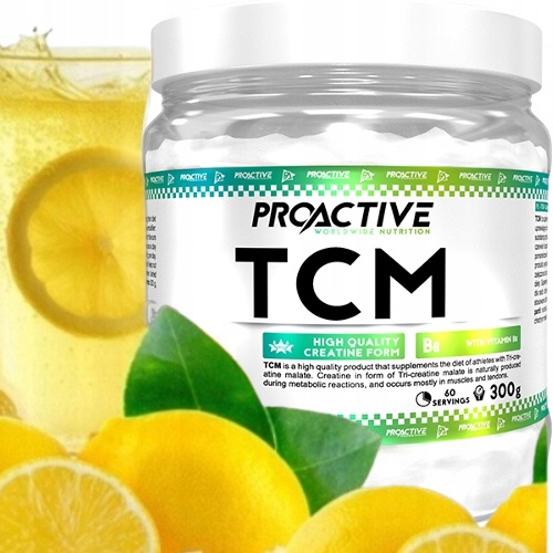 ProActive TCM Creatine Malate 300g Lemon опаковка с лимони и напитка