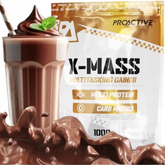 ProActive X-Mass Gainer 1000g Chocolate - златиста опаковка и шоколадова напитка