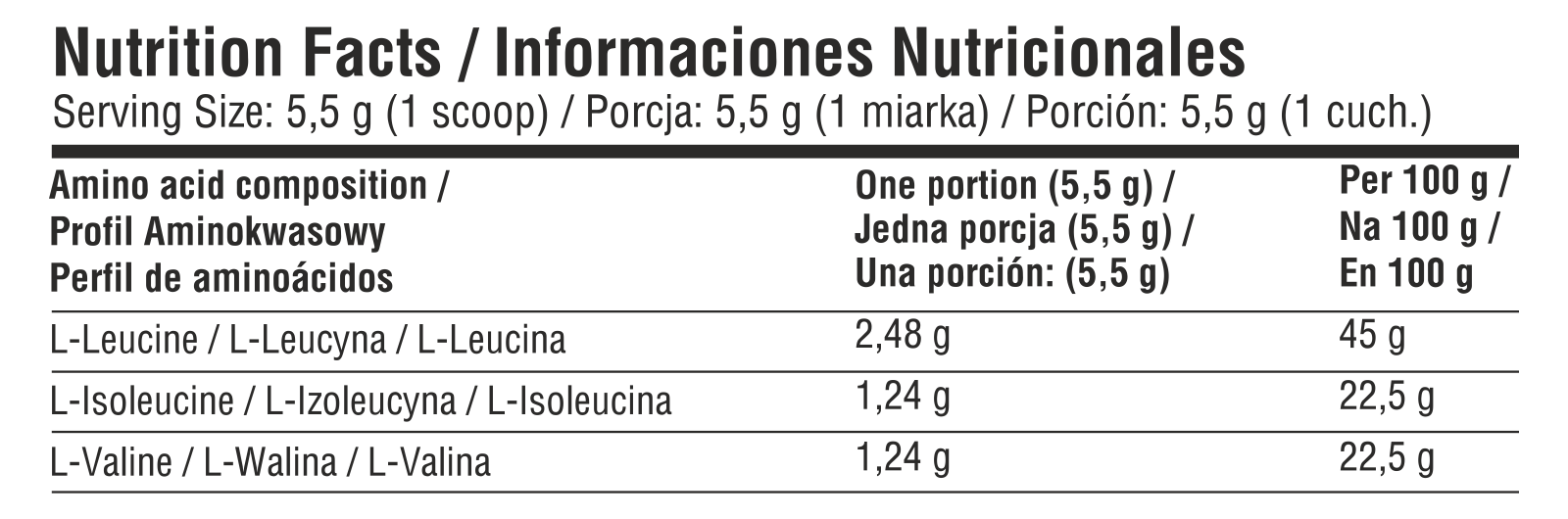 7Nutrition - BCAA Perfect 500g хранителна таблица