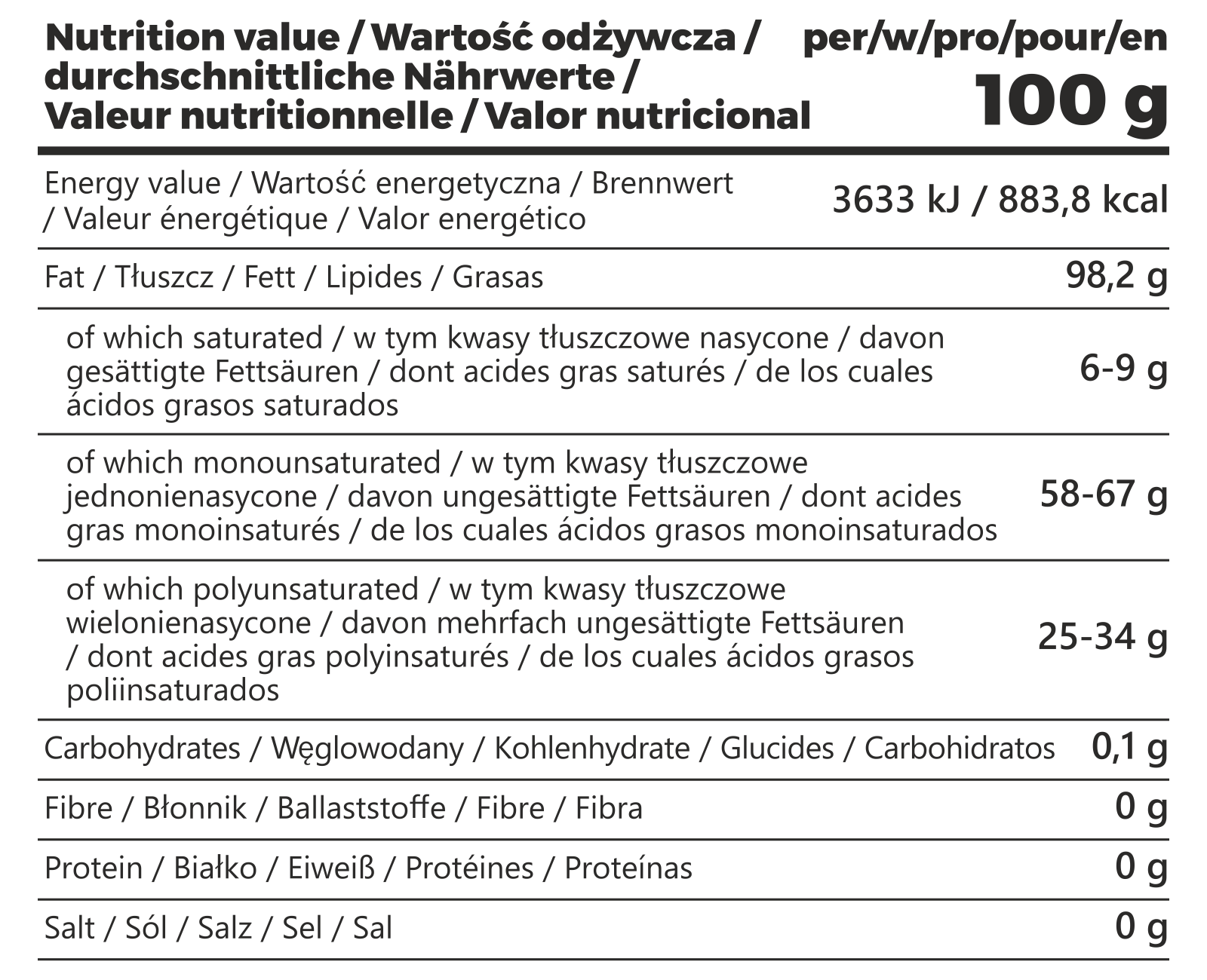 7Nutrition - Cooking Spray 500ml хранителна таблица