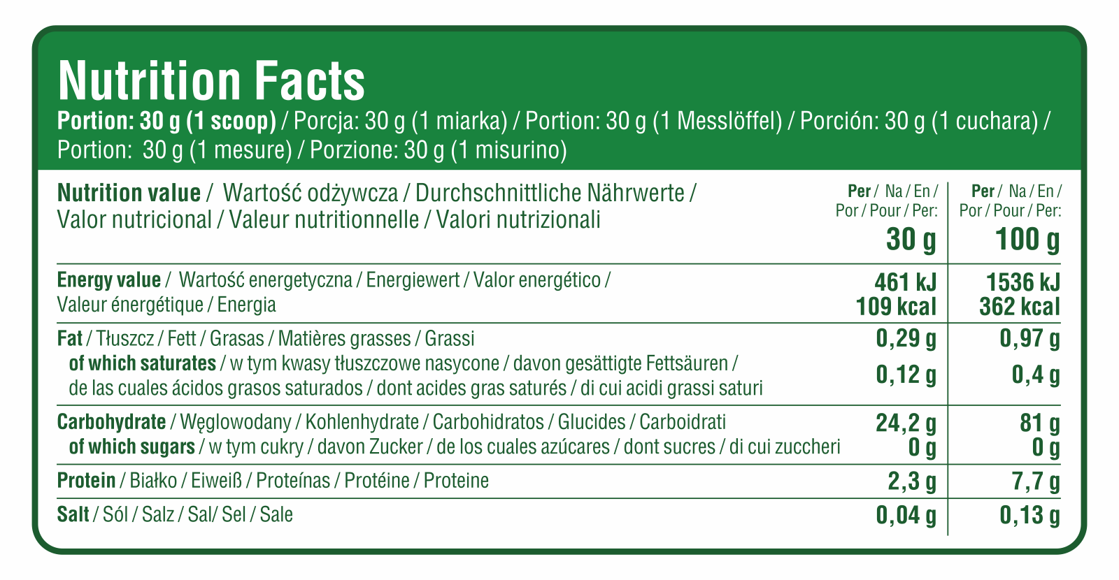 7Nutrition - Cream of Rice 1000g хранителна таблица
