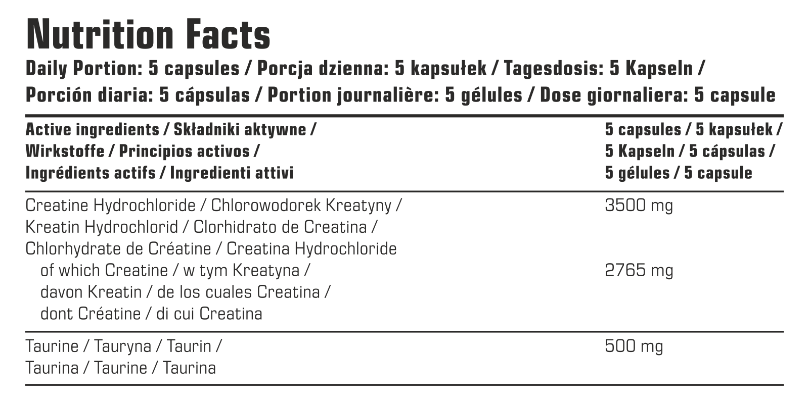7Nutrition - HCL Creatine 350 vege caps, таблица с хранителни стойности