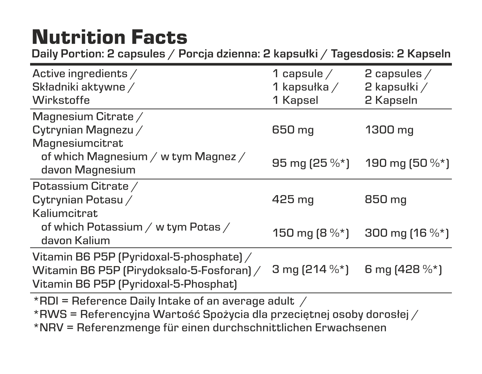 7Nutrition - MAGNESIUM + POTASSIUM - 120 vege caps детайл от хранителната таблица