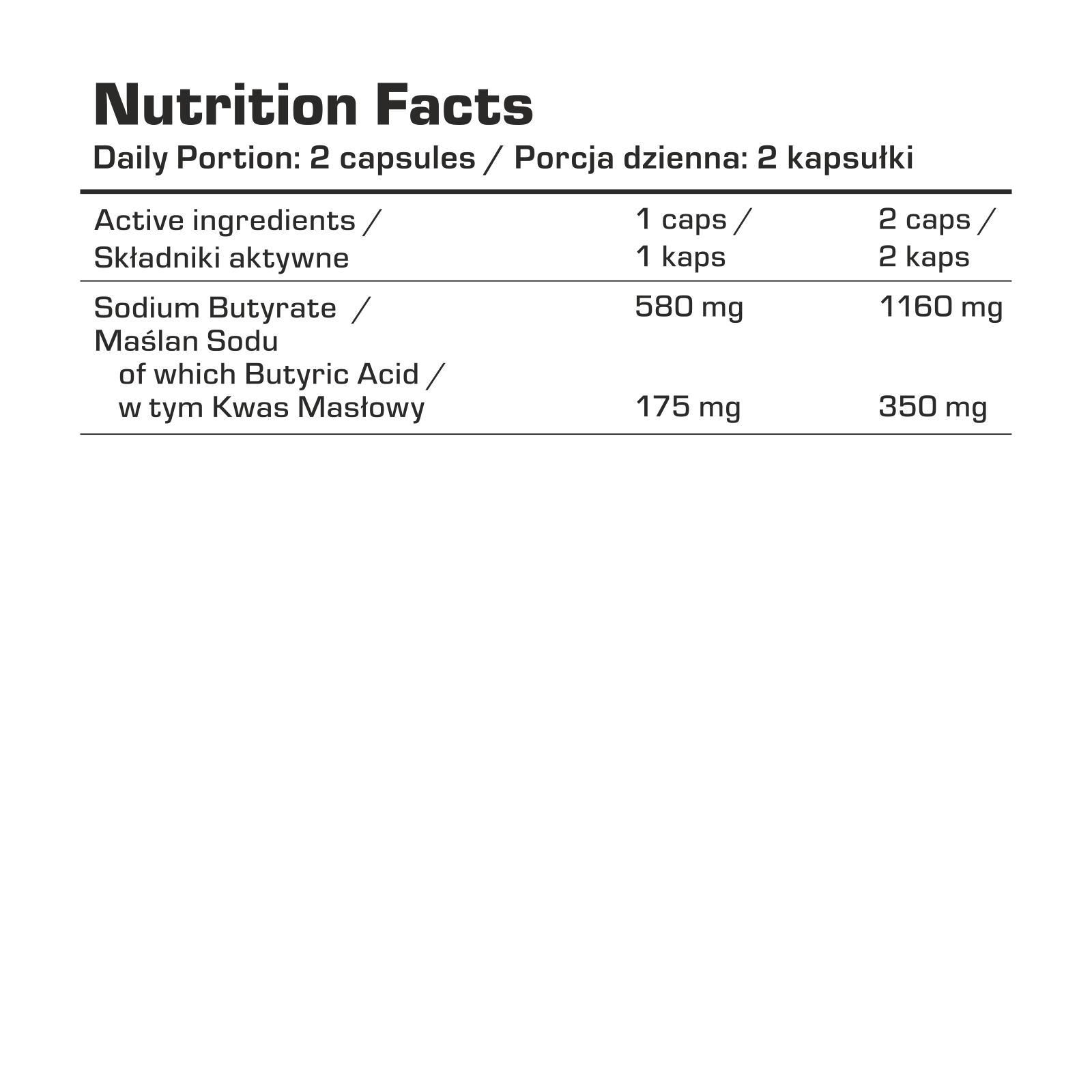 7Nutrition - Sodium Butyrate - 100 caps детайл от етикета с информация за хранителните стойности