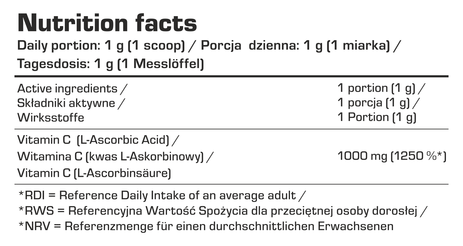 7Nutrition - VITAMIN C PURE 1000 g хранителна информация на няколко езика