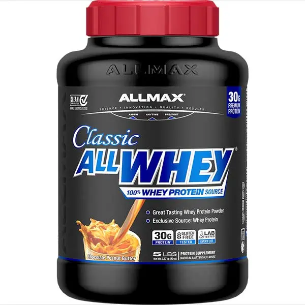 AllMax Nutrition AllMax - All Whey / 5lb шоколад и фъстъчено масло преден изглед на опаковката