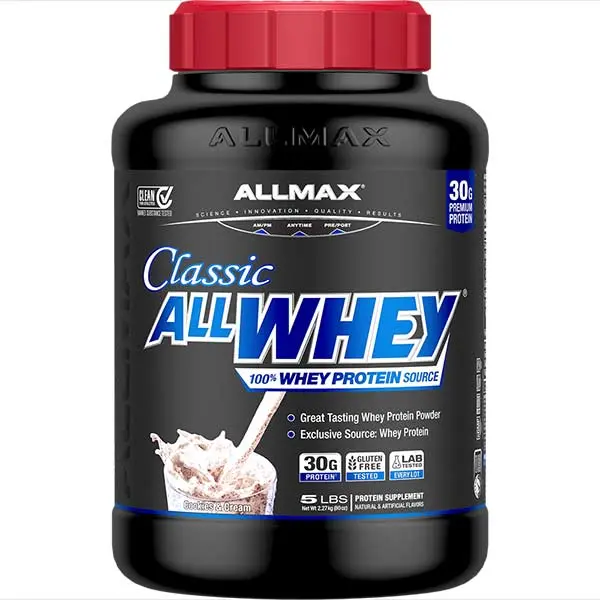 AllMax Nutrition AllMax - All Whey / 5lb бисквитки и сметана преден изглед на опаковката