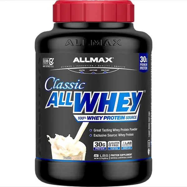 AllMax Nutrition AllMax - All Whey / 5lb ванилия преден изглед на опаковката