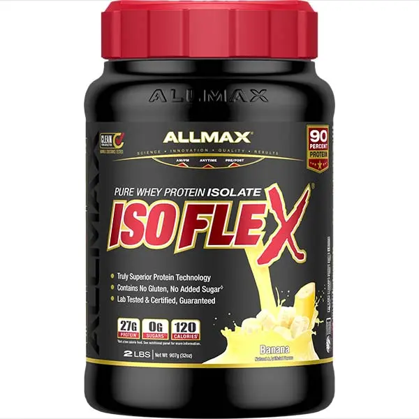 AllMax Nutrition AllMax - IsoFlex / 2lb. аромат Банан, преден изглед на опаковката