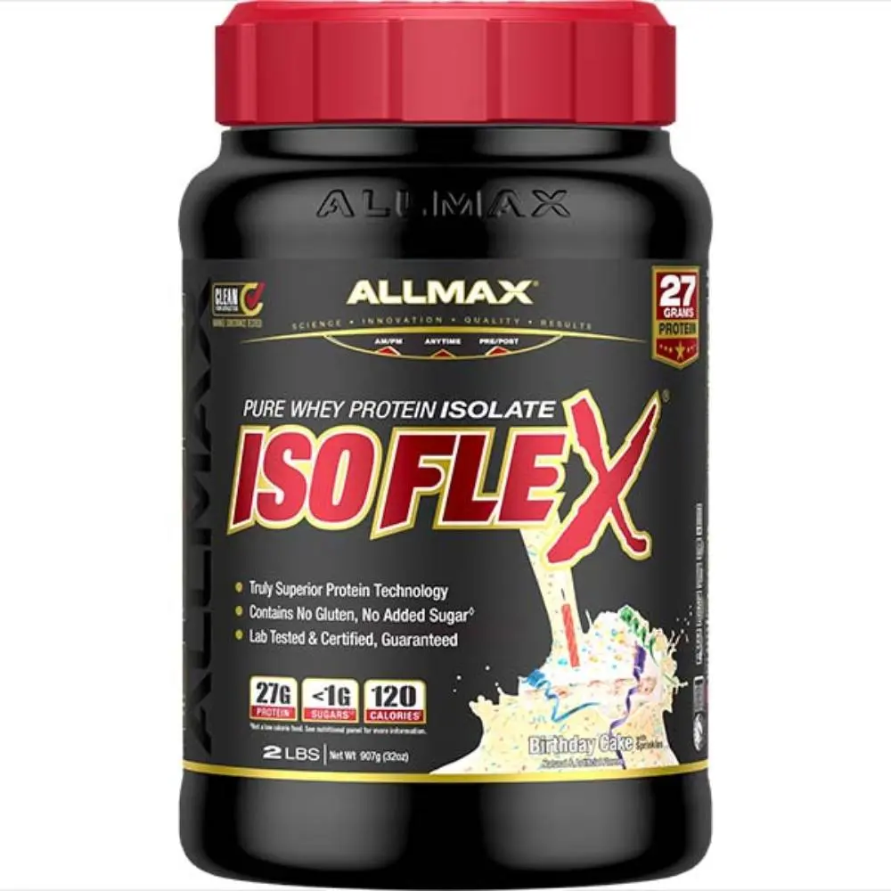 AllMax Nutrition AllMax - IsoFlex / 2lb. аромат Торта за рожден ден, преден изглед на опаковката