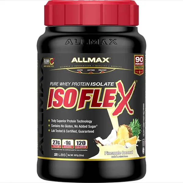 AllMax Nutrition AllMax - IsoFlex / 2lb. аромат Ананас и кокос, преден изглед на опаковката