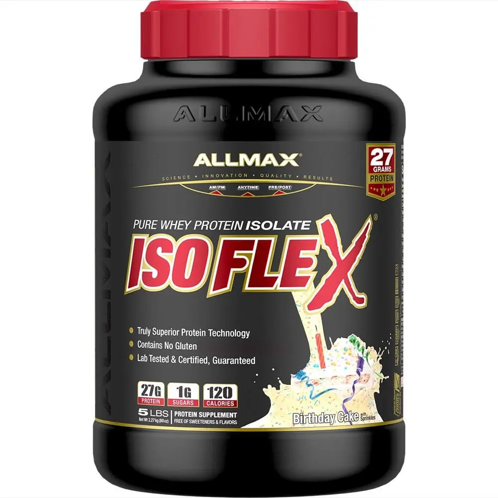 AllMax Nutrition AllMax - IsoFlex / 5lb. протеин с вкус торта за рожден ден, преден изглед