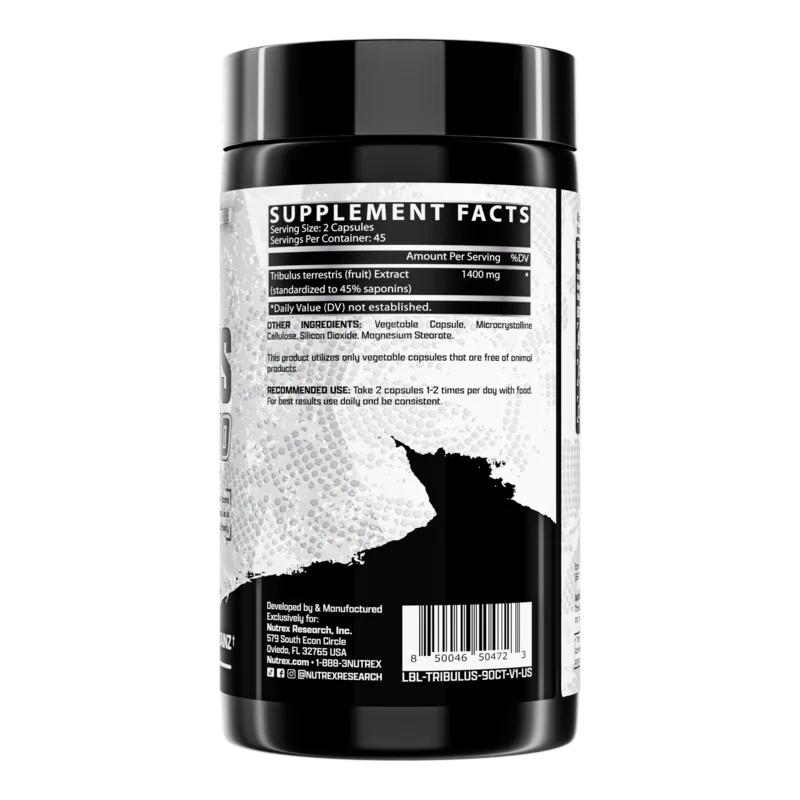 Хранителни факти на Nutrex Tribulus 1400 с подробна информация за дозировка и съставки.