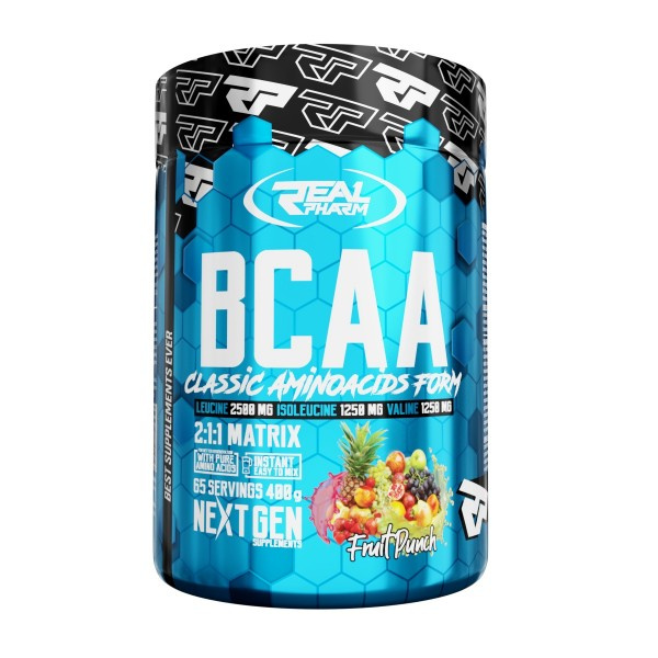Real Pharm BCAA Instant 400 грама преден изглед с плодова гама Fruit Punch