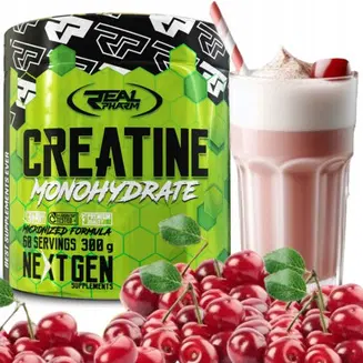 Real Pharm Creatine Monohydrate 300 грама в яркозелена опаковка с череши и шейк