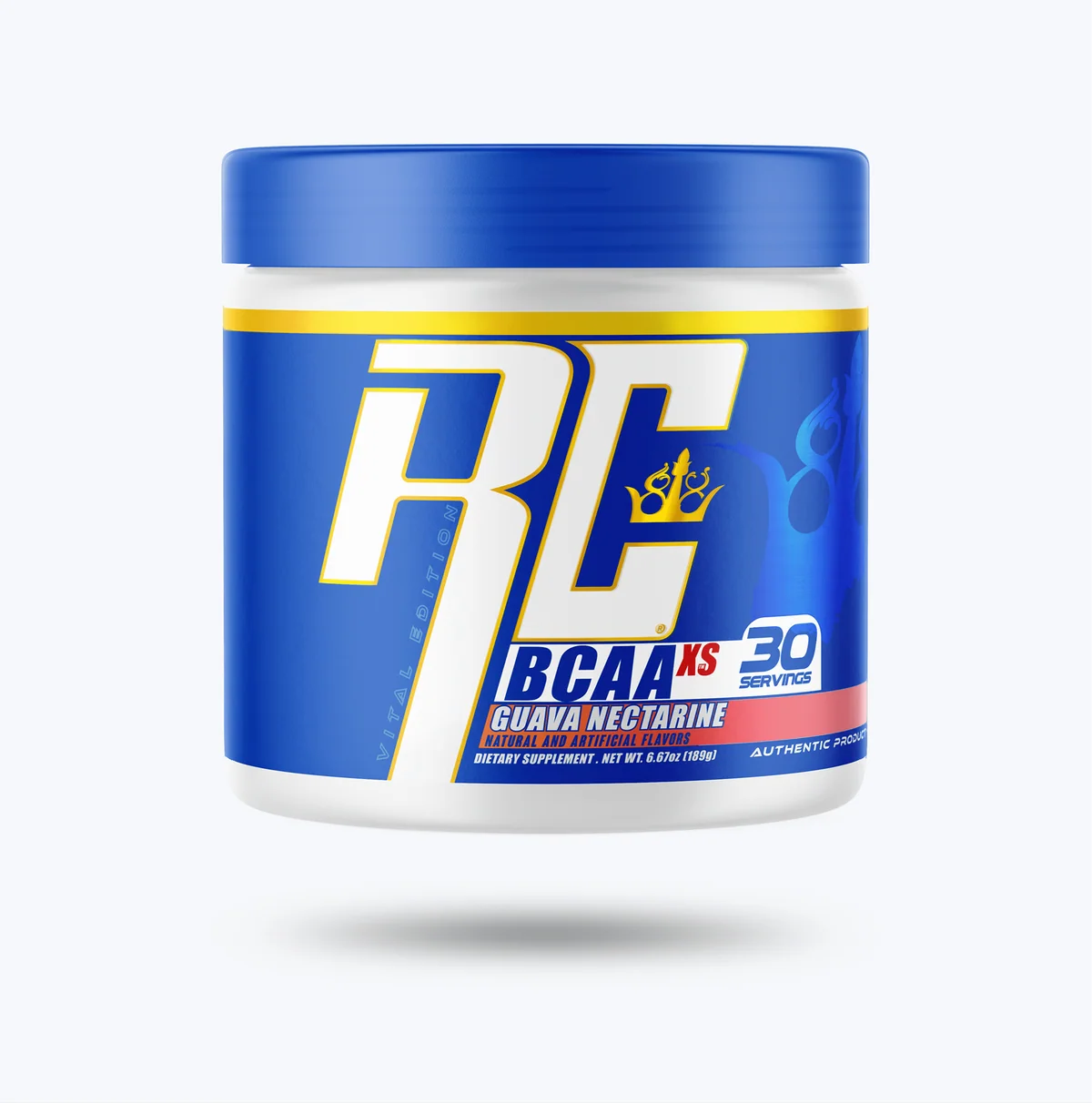 Опаковка Ronnie Coleman BCAA-XS 2:1:1 с вкус Нектар от гуава на бял фон
