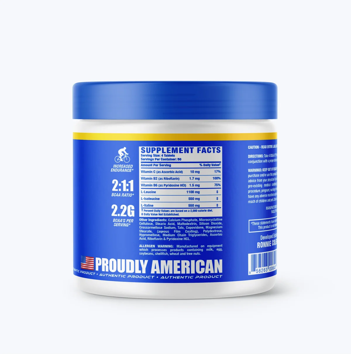 Близо до опаковката на Ronnie Coleman BCAA-XS 2:1:1 Tablets, показващ броя на таблетките и ключовите характеристики