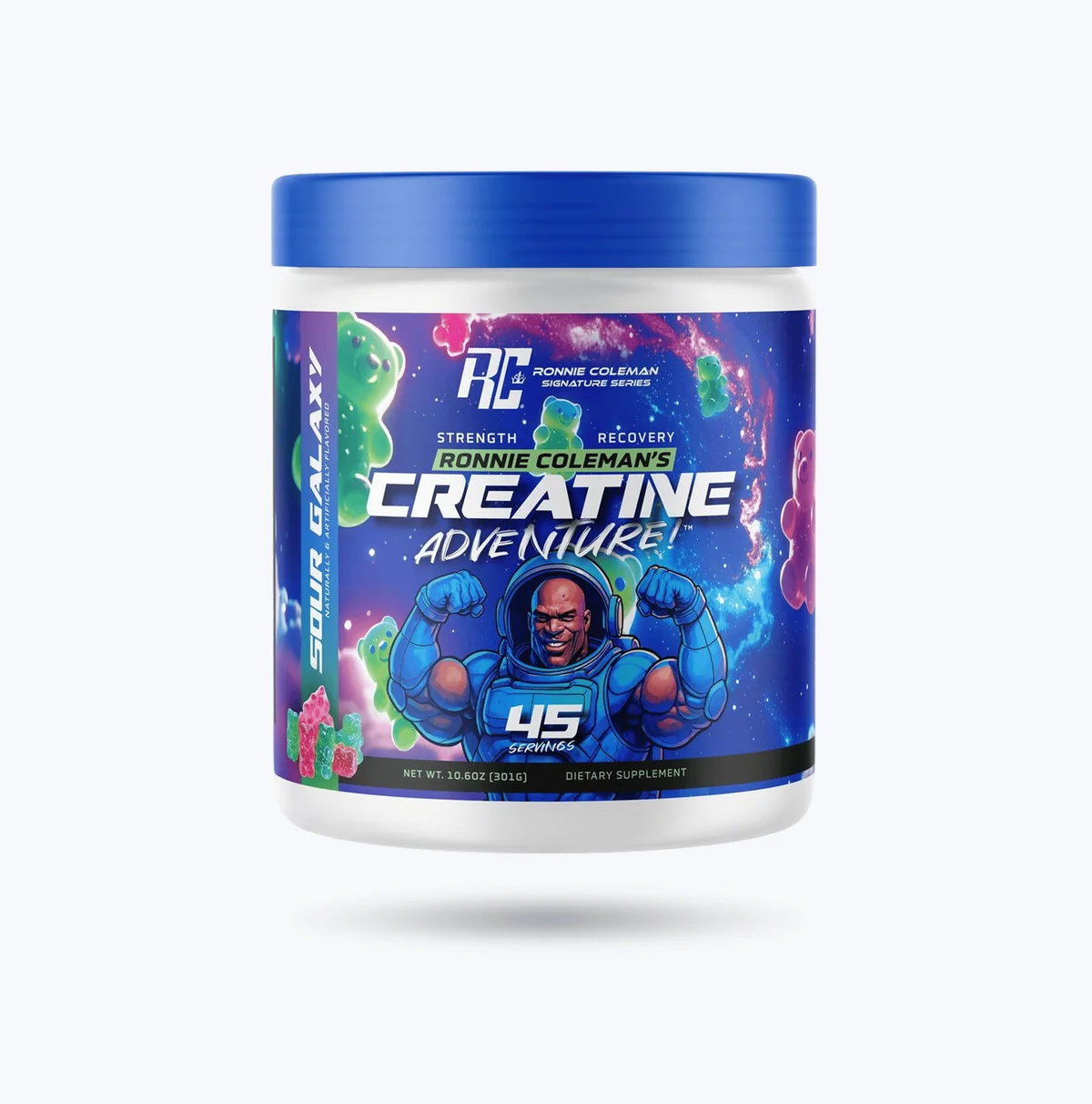 Опаковка на Ronnie Coleman Creatine Adventure, вкус Sour Galaxy, с етикет, показващ 45 дози