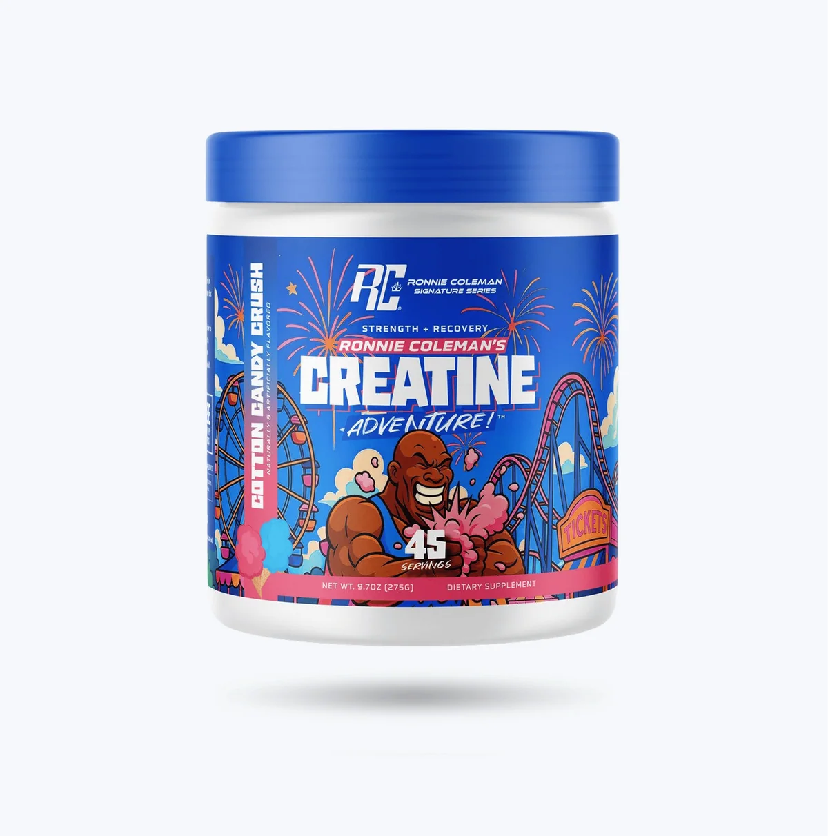 Опаковка на Ronnie Coleman Creatine Adventure, вкус Cotton Candy Crush, с логото на Ronnie Coleman Signature Series