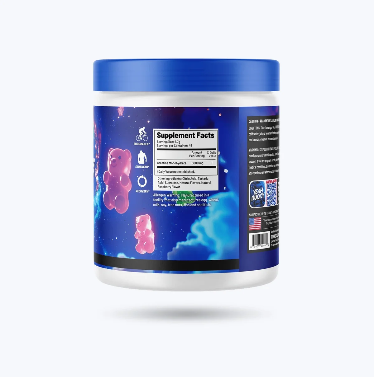 Близък план на опаковката на Ronnie Coleman Creatine Adventure, показващ етикета и съдържанието