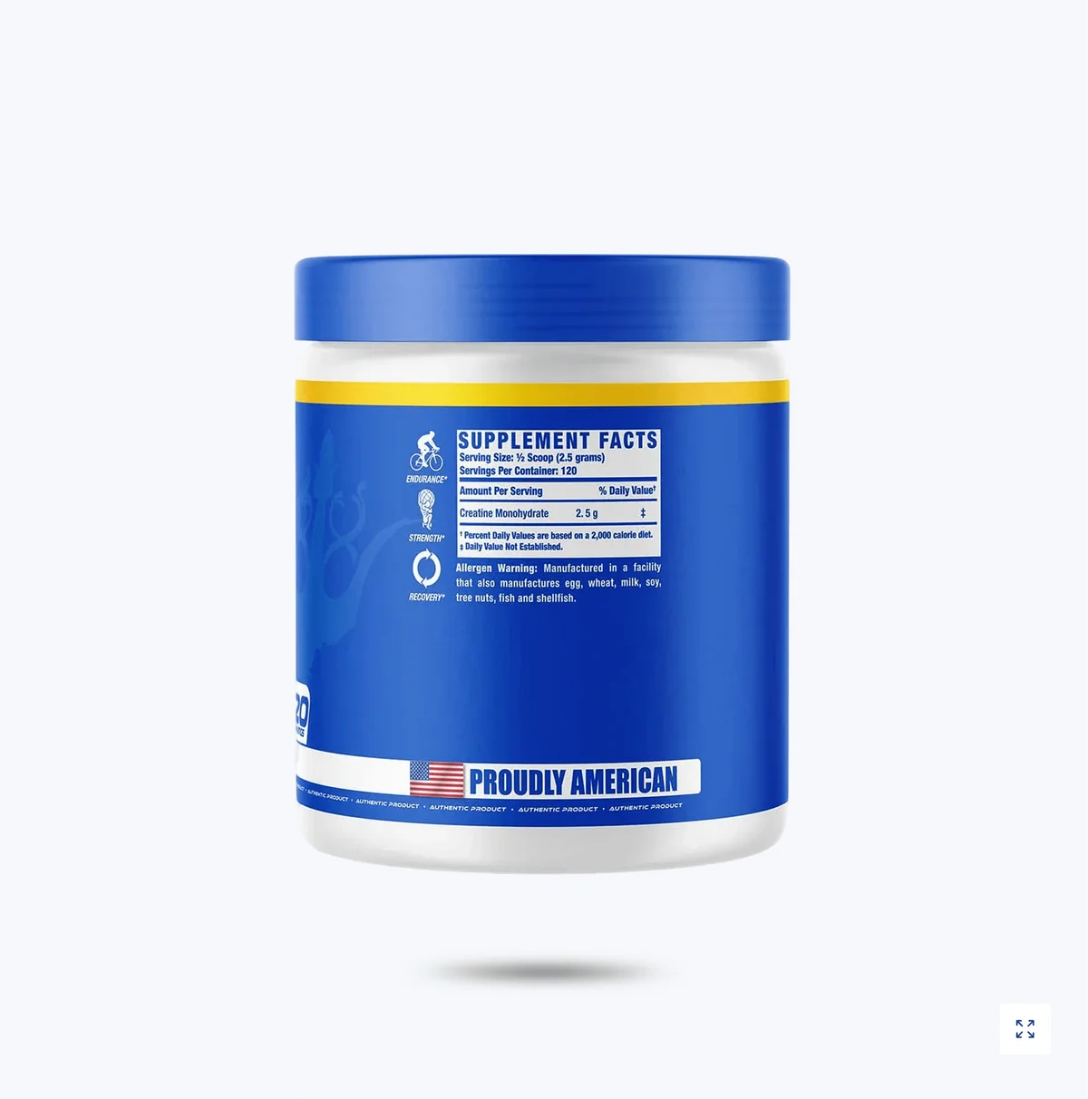 Близка снимка на етикета на Ronnie Coleman Creatine XS с логото на марката