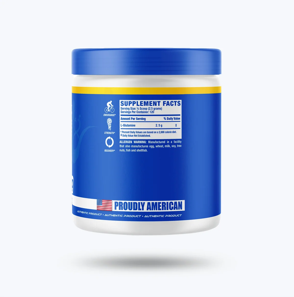 Близка снимка на опаковката Ronnie Coleman Glutamine XS, показваща името на продукта и съставките