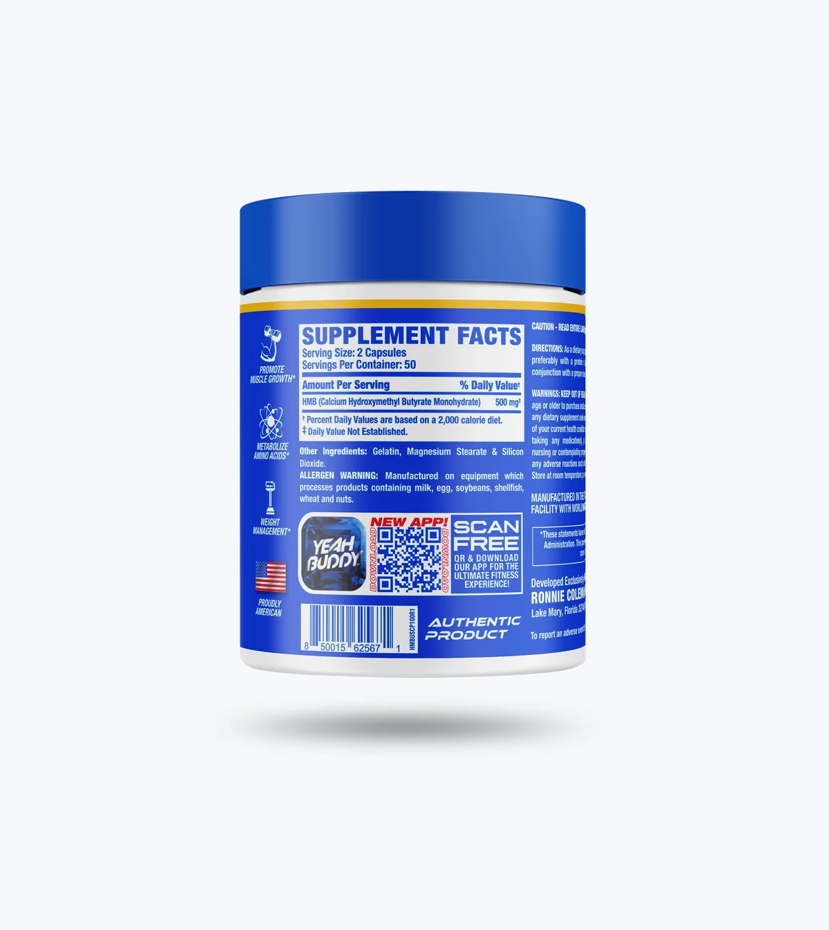 Опаковка на Ronnie Coleman HMB-XS 180 капсули под ъгъл
