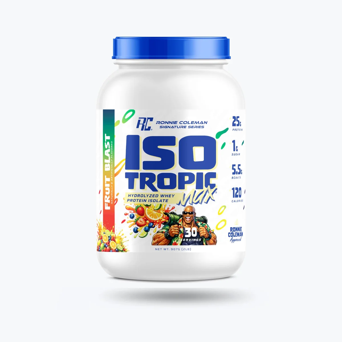 Отблизо на етикета на Ronnie Coleman Iso Tropic Max 2lbs, показващ името на продукта и марката.