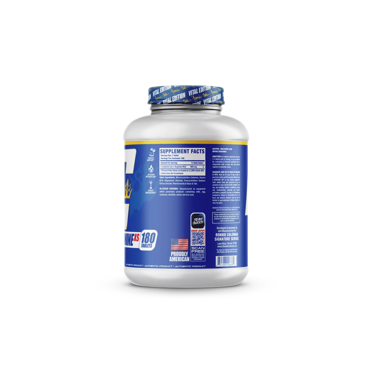 Близък план на опаковката на Ronnie Coleman L-Arginine XS, подчертаващ броя капсули и основните характеристики.