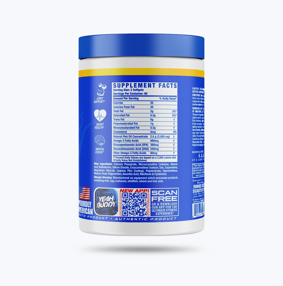 Близка снимка на няколко софтгел капсули Ronnie Coleman Omega XS, подчертаваща тяхната форма и цвят.